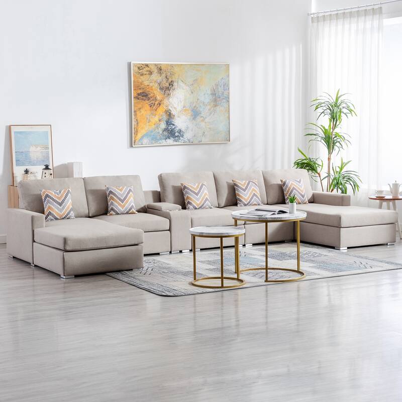 Linen Fabric 6 Piece Double Chaise Sectional Sofa with Storage Console Table and 5 Pillows