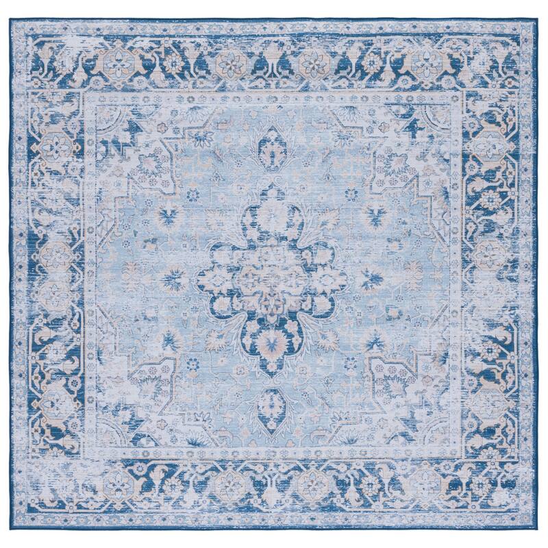 SAFAVIEH Tucson Machine Washable Slip Resistant Emmie Traditional Rug - 6' Square - Light Blue/Navy