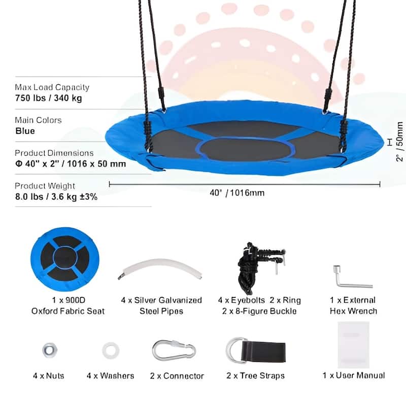 Blue 900D Oxford Saucer Swing, 40 inches Tree Seat with Steel Frame, 750lb Capacity - 40" L x 2" H