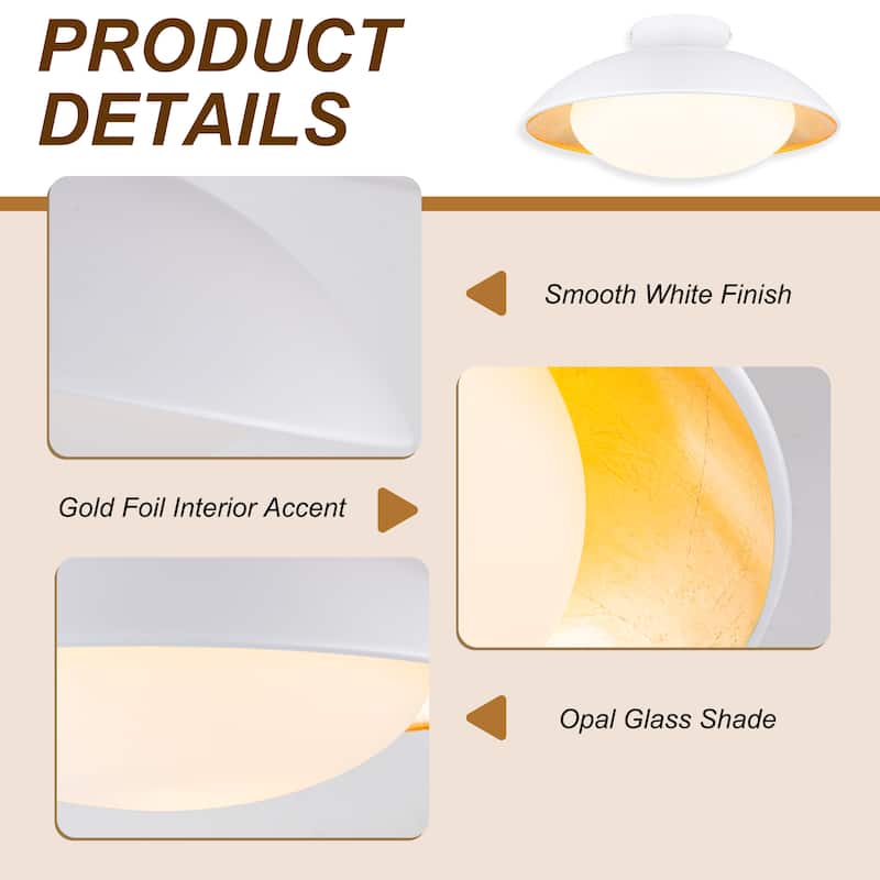 Starsky 1-light 15in. Bowl Ceiling Light Frosted Glass Shade Semi Flush Mount - Black