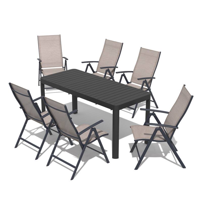 7-Piece Outdoor Patio Dining Set Expandable Rectangular Aluminum Dining Table Folding Chairs