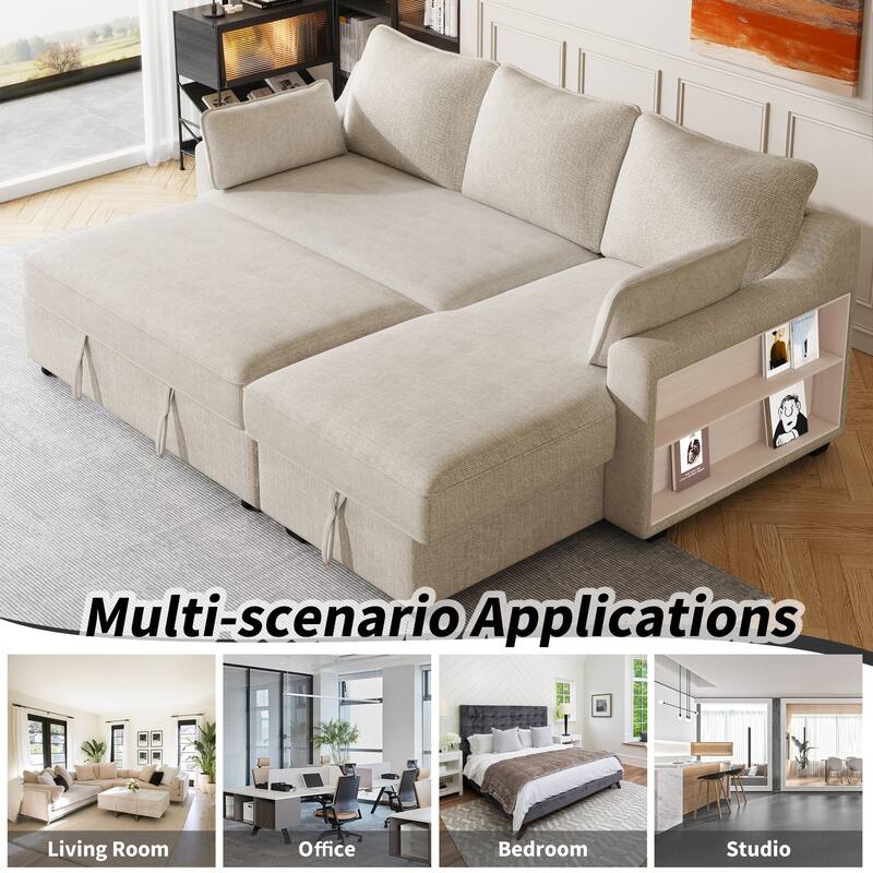 90" Convertible Sleeper Sofa with Storage Chaise, USB Ports, Storage Racks for Compact Spaces