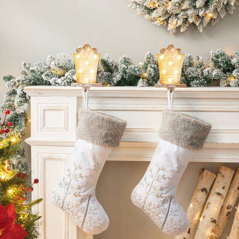 Glitzhome 7.5" H Christmas Silver LED Gift Box Heavy Duty Stocking Holders Mantel Ornament