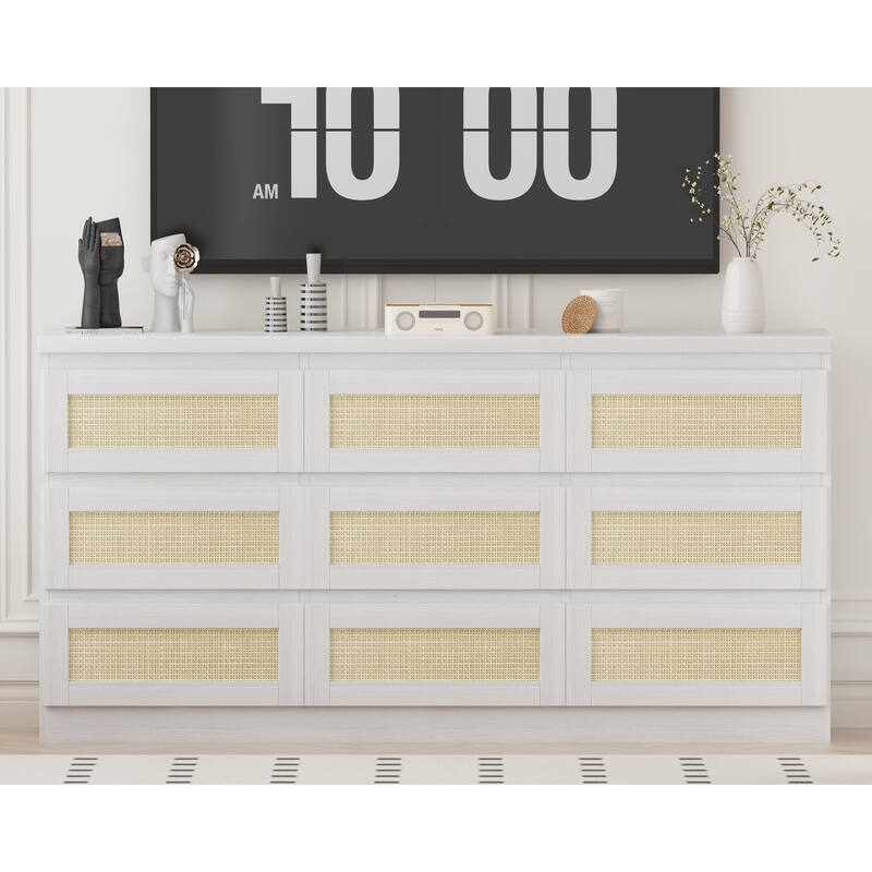 Farmhouse 9-Drawer Dresser with Rattan Accents and Built-In Charging Station, Wooden Storage Cabinet