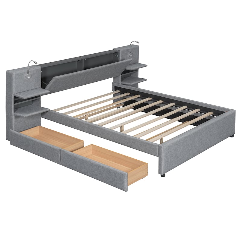 Queen Size Upholstered Platform Bed with Drawers Trundle Flip-up Storage Headboard Side Storage Racks Reading Lights Linen