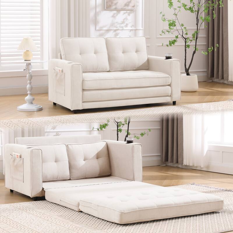 Versatile 3-in-1 Upholstered Futon Sofa Bed with Pull Out Sleeper and Multiple Functionalities - Beige-1