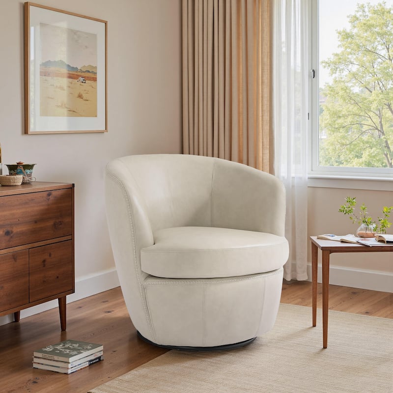Faux Leather Swivel Barrel Accent Chair for Living Room - Beige