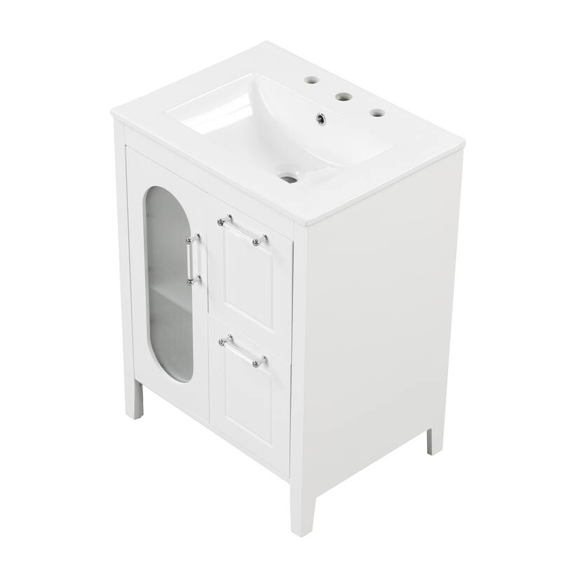Bathroom Vanity with Sink, Vanity Set with Glass Door and 2 Drawers, Wooden Bathroom Cabinet with Adjustable Shelf