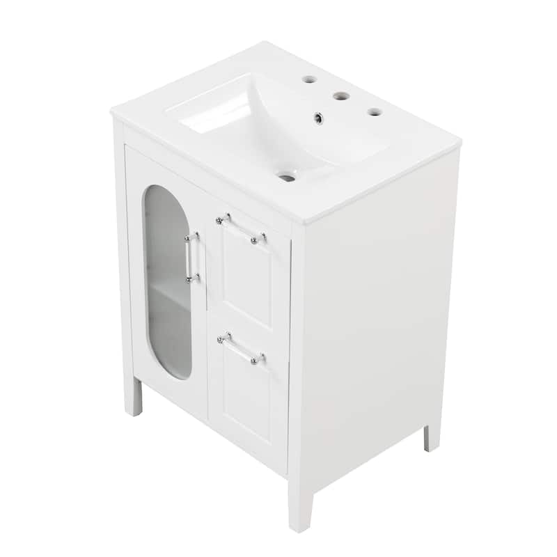 GDFStudio - Emma 24-Inch Bathroom Vanity with Ceramic Sink, Moru Glass Door and Adjustable Storage