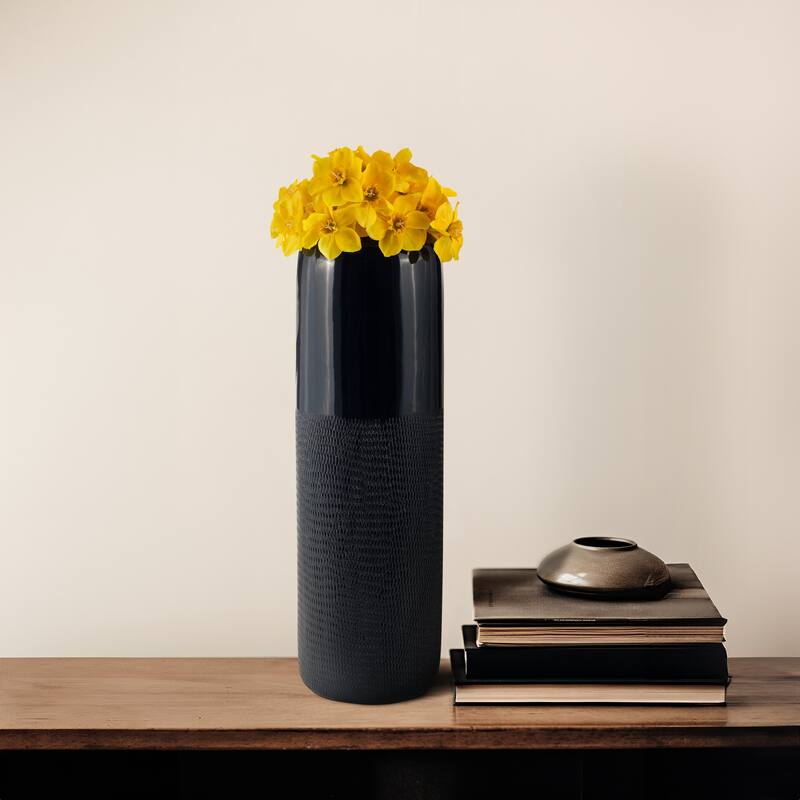 Sagebrook Home Neutral Ceramic Vase - 6" x 6" x 18" - Etched Blue