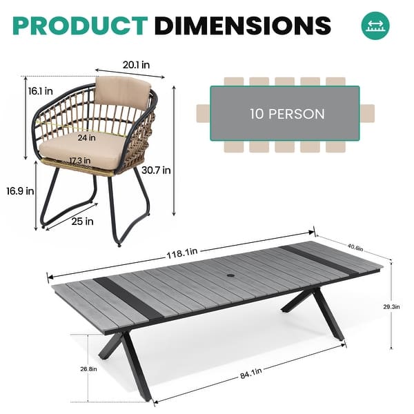 dimension image slide 0 of 3, VredHom 11PC Outdoor Patio Aluminum X-Frame Dining Set Table with Rattan Chairs