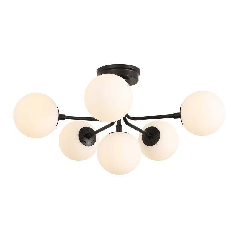 24" 6-Light Globe Modern Industrial Iron Bistro LED Semi Flush Mount, By JONATHAN Y - Black White