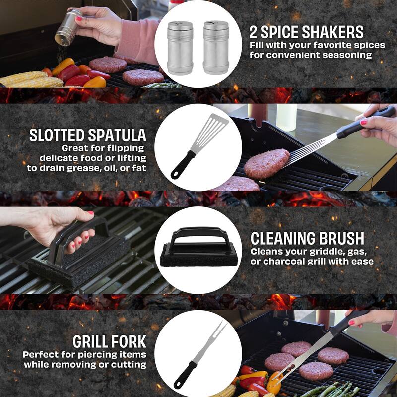 Griddle Accessories - 28PC Grill Set with Stainless Steel Spatulas, Tongs, Cleaner, Dome, and Carry Bag by Home-Complete