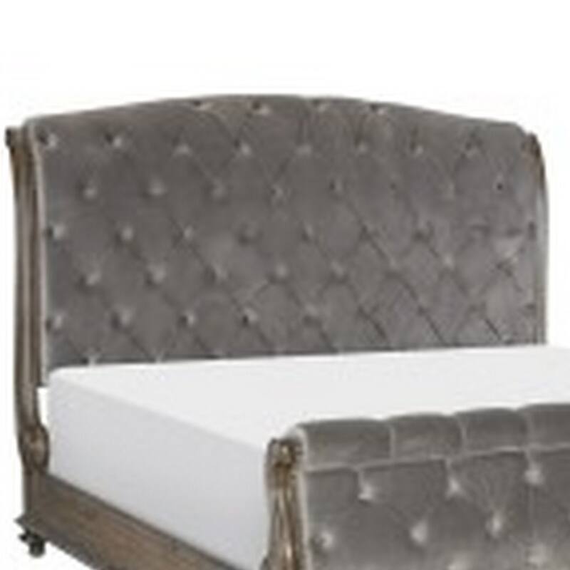 Danya Queen Bed, Sleigh Style, Tufted Rolled Headboard, Nailed Gray Velvet