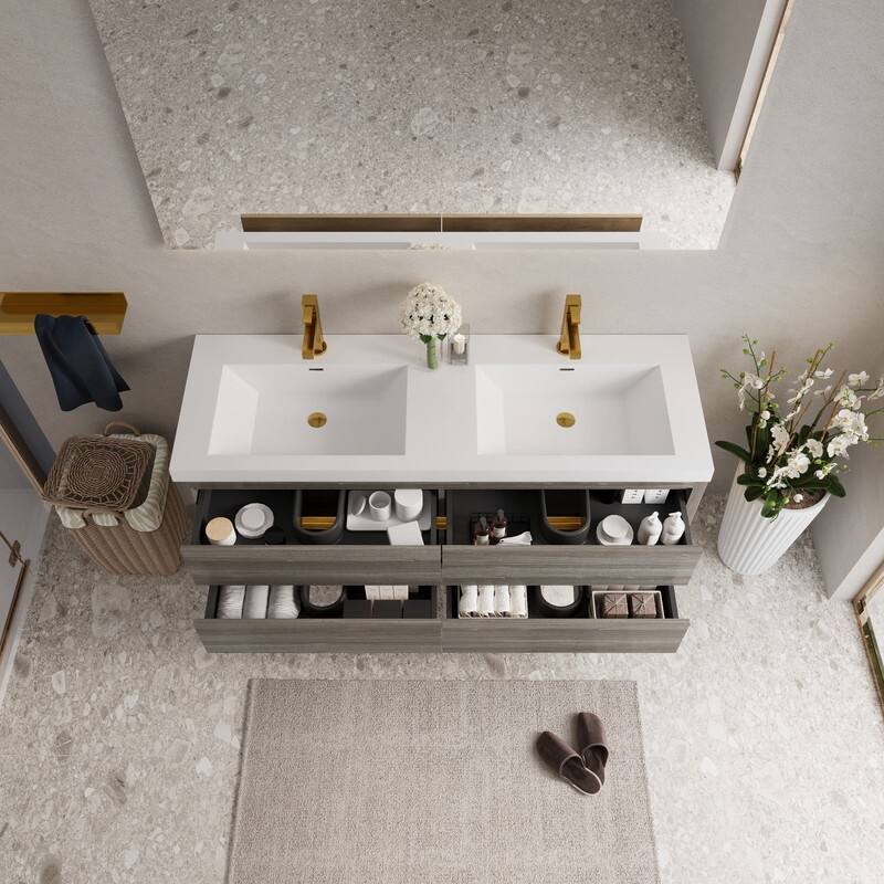 ABRUZZO 60" Floating Bathroom Vanity Double Sink with Stone Resin Top Four Soft Close Drawers