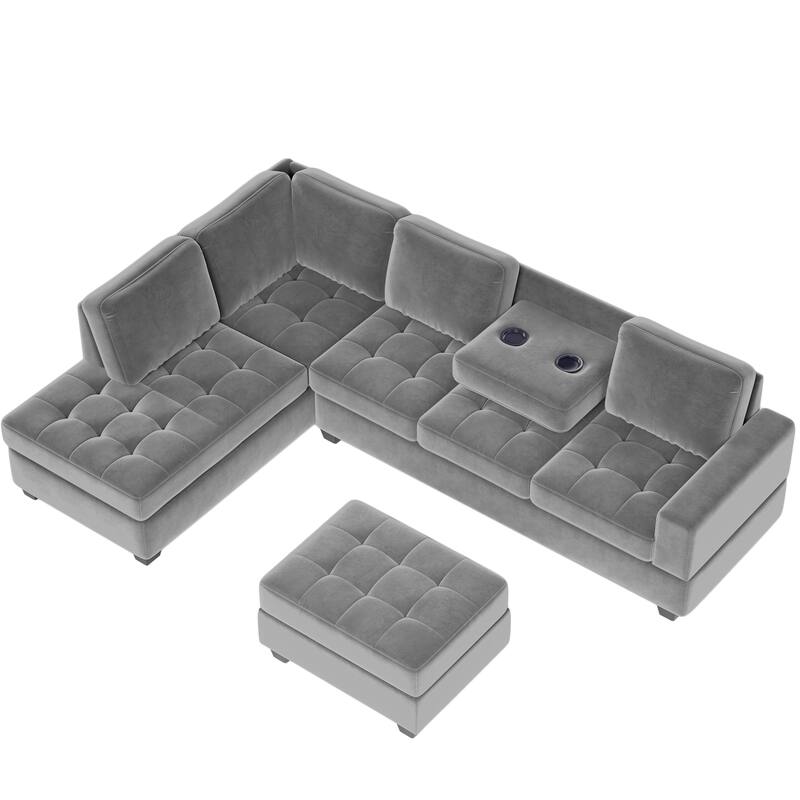 Modern Sectional Sofa with Reversible Chaise, L Shaped Couch Set with Storage Ottoman and Two Cup Holders