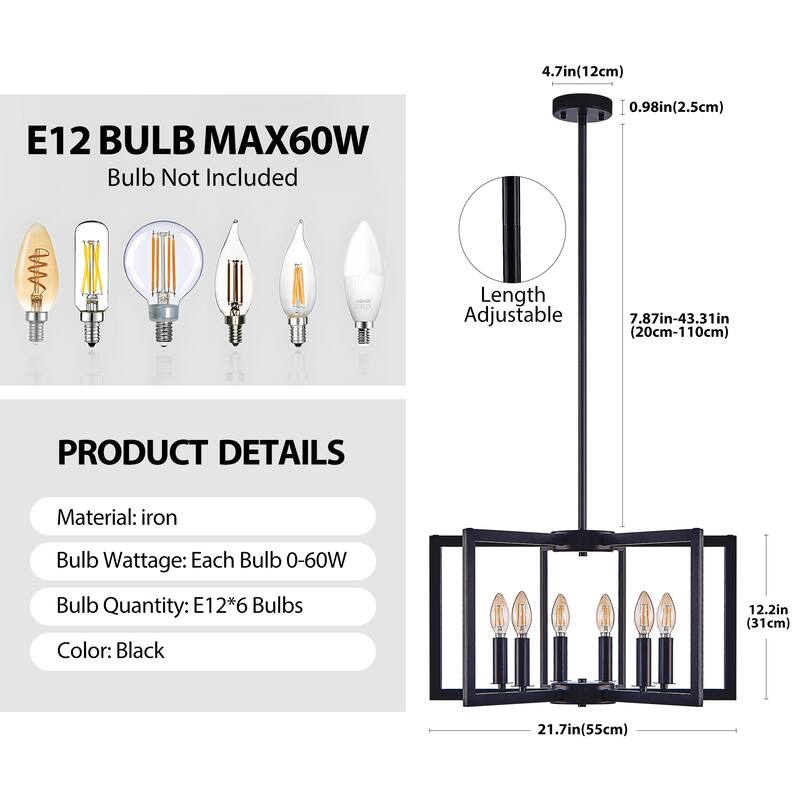 22" 6-Light Black Geometric Chandelier - Industrial - Living Kitchen (Bulb Not Included)