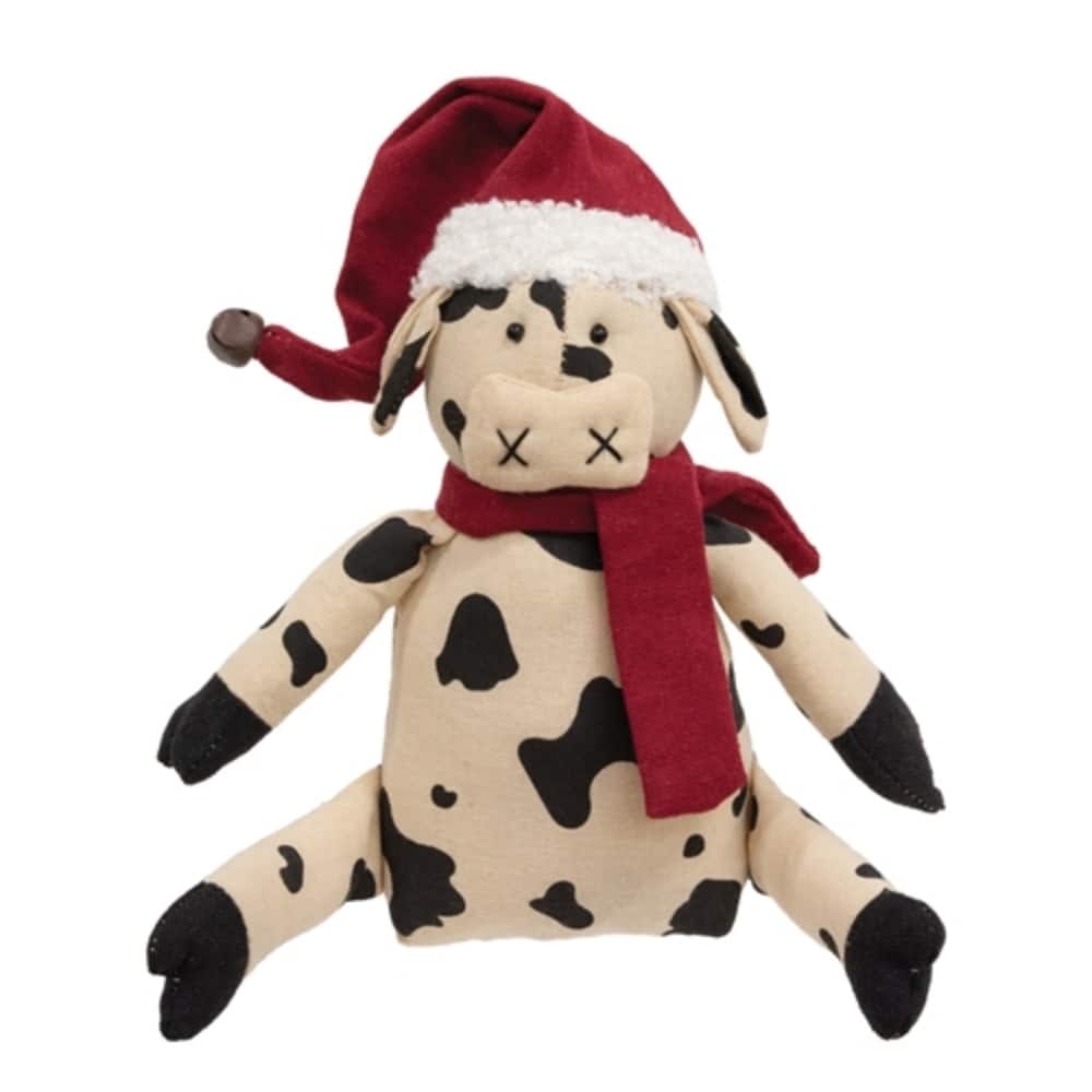 Stuffed Baby Cow Doll with Santa Hat and Scarf Christmas Decor - 3.50” x 2” x 6.50”