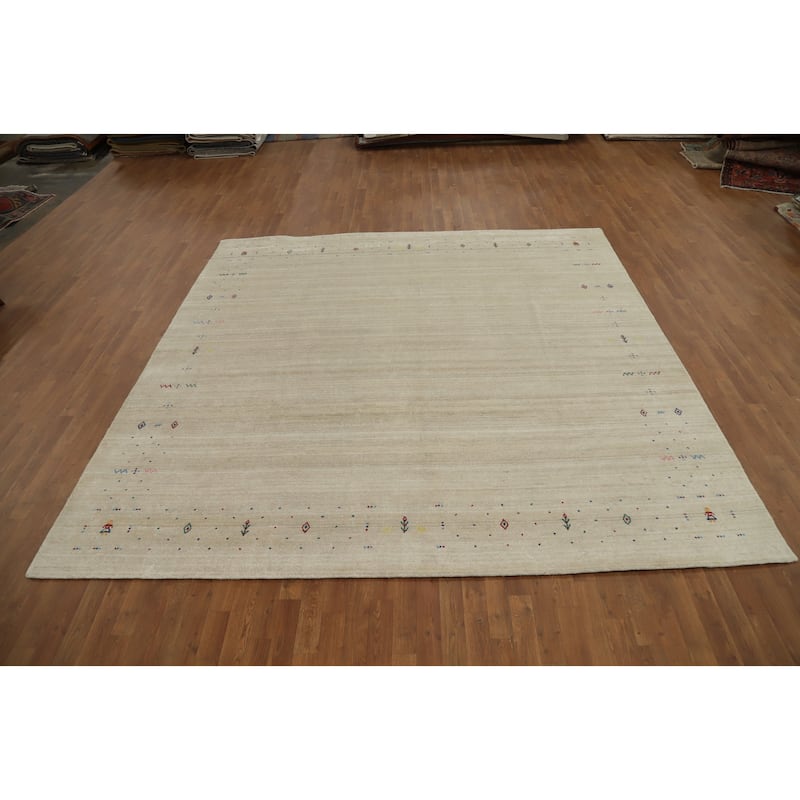 Hand Knotted Oriental Viscose Silk Carpet Tribal Animal Pictorial Beige & Ivories Gabbeh Area Rug - 9' 7'' X 9' 9''