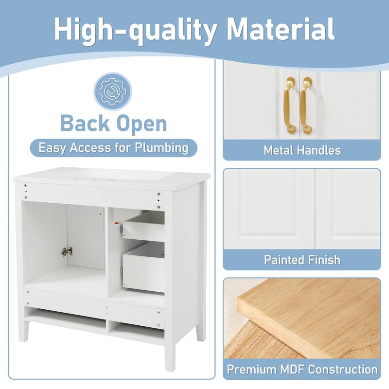 36 Inch Bathroom Vanity With Sink, One Cabinet With Soft-Closing Doors, 4 Soft-Closing Drawers, Metal Handles