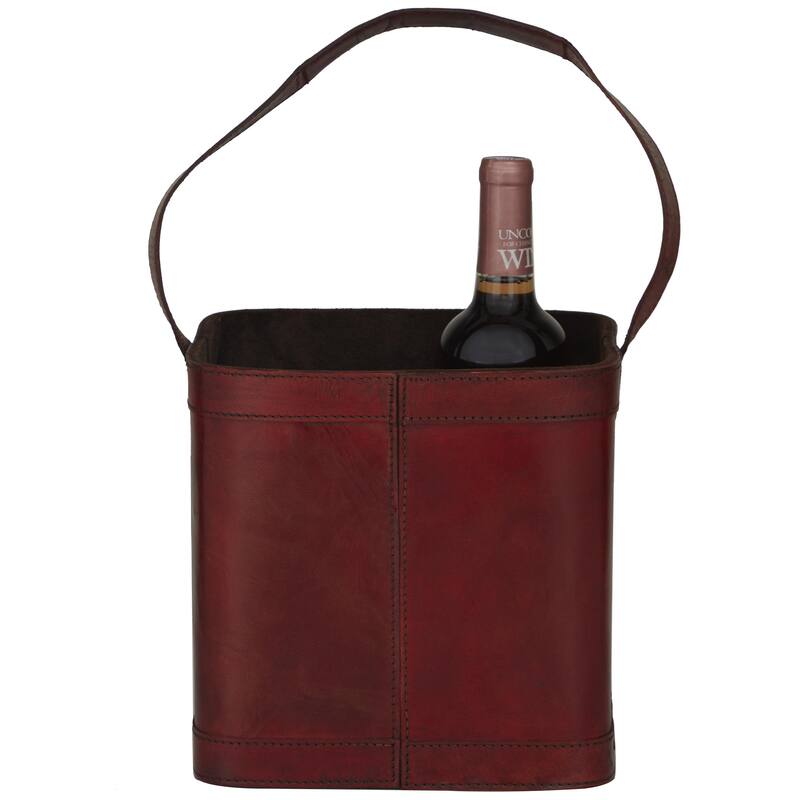Leather Handmade 4 Bottle Wine Holder with Carrying Handle - Dark Blue, Brown, Red - Roche River Decor - Red