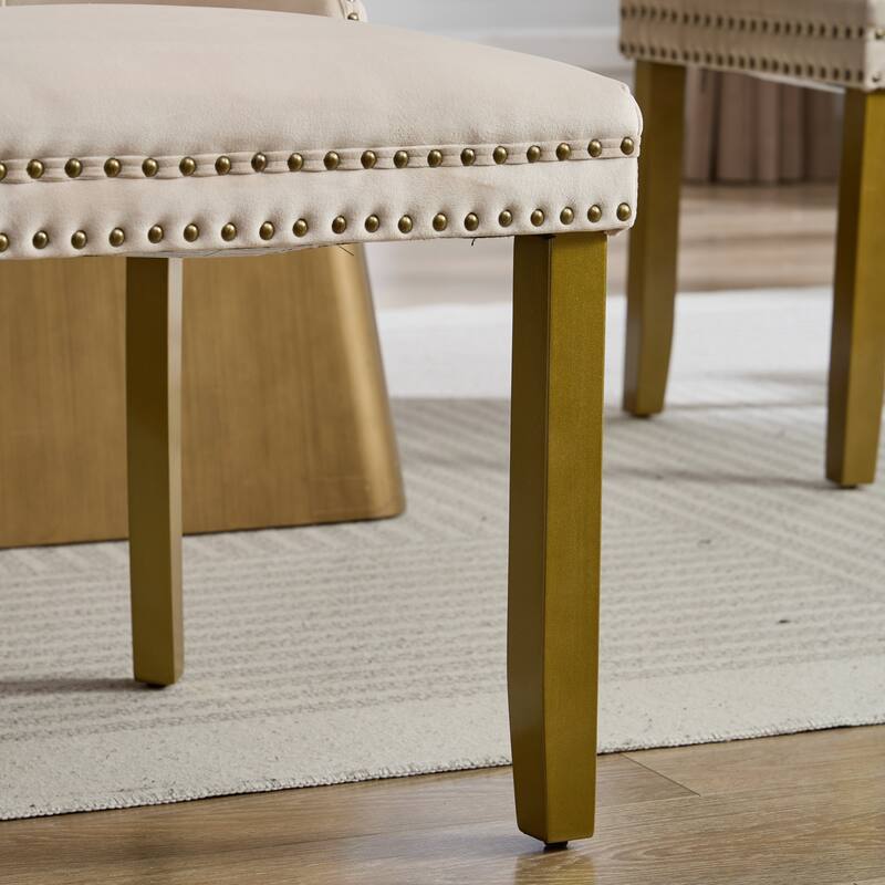 Velvet Dining Chairs Set of 2, Tufted Dining Chairs with Nailhead Trim, Kitchen Chairs with Lion Head Pulls Ring & Wooden Legs