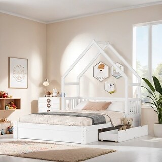 Queen Size House Shaped Platform Bed with 2-Drawers, Wooden Kids Storage Bed Frame with Guardrail for Bedroom, White