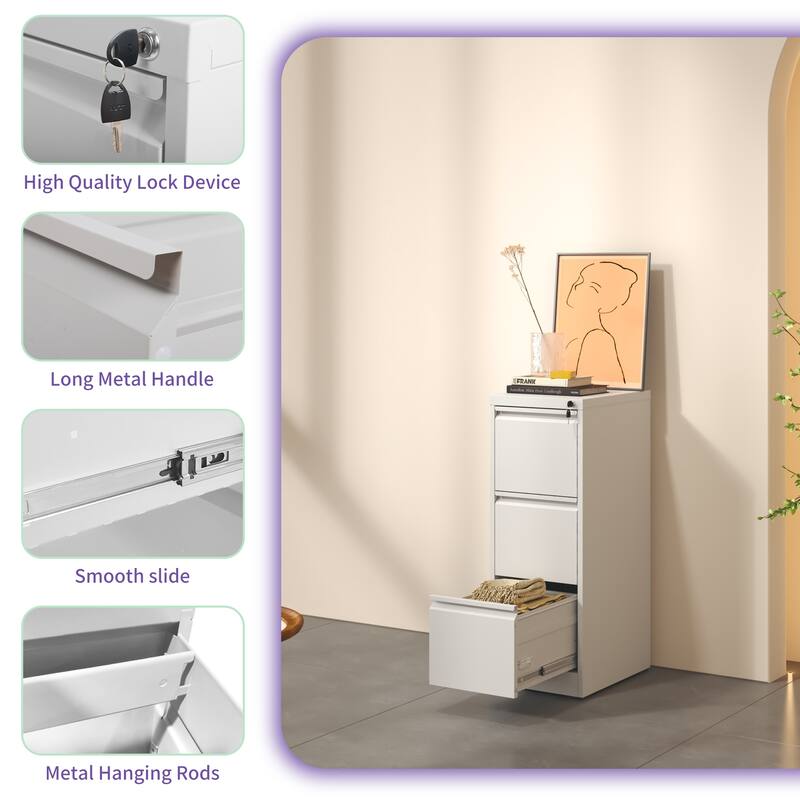 Modern Filing Cabinet Vertical Filing Cabinet with 3 Drawers, Anti-tilt System Design and Lock, for Home Office, White