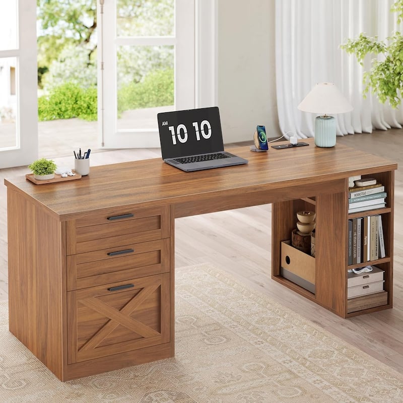 Farmhouse Executive L Shaped Desk Home Office Desk with Drawers and Storage Cabinet & Power Outlet