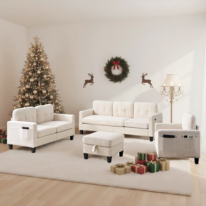 Mixoy 76'' L-Shaped Sofa Set,Corduroy Sectional Sofa,Mid Century 3-Seater Sofa with Storage Ottoman/Loveseat/Single Sofa