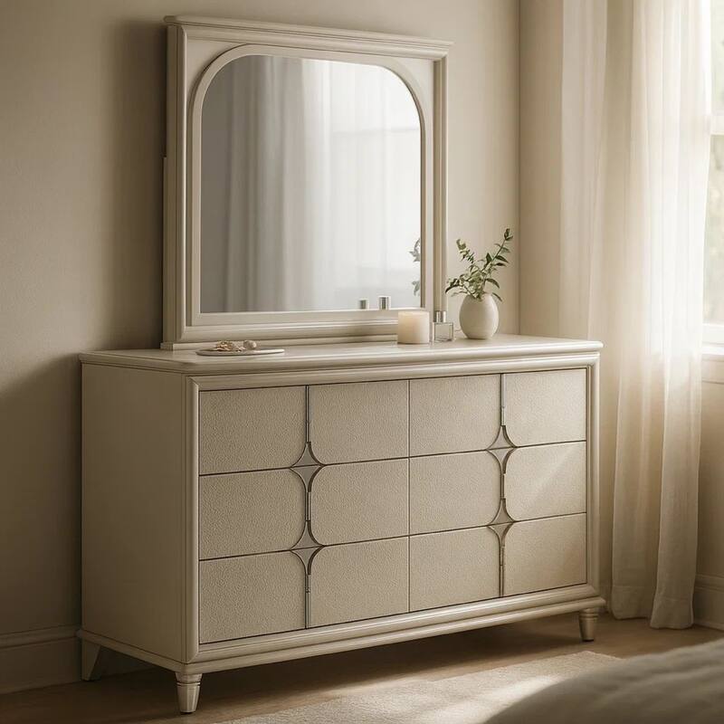 Ory Wide Dresser with LED Mirror, 6 Drawers, Pearl White Wood Frame