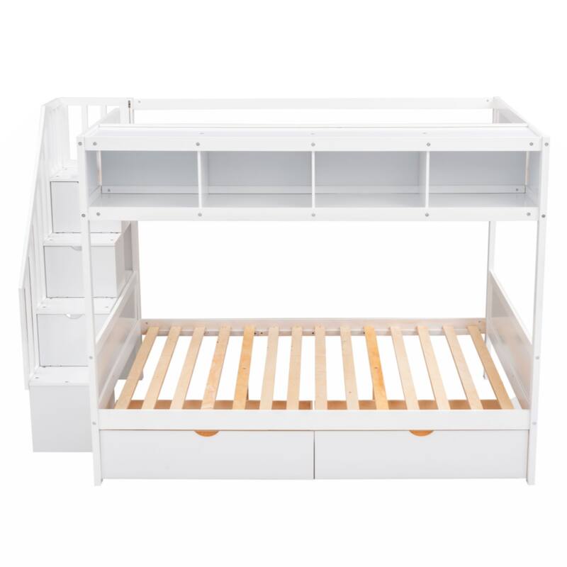 Twin over Full Bunk Bed with Shelfs, Storage Staircase and 2 Drawers