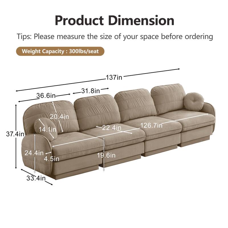 GDFStudio Alden Voss 137" Chenille Cloud 4-Seater Sofa with Quilted Back Cushions, Deep Seat
