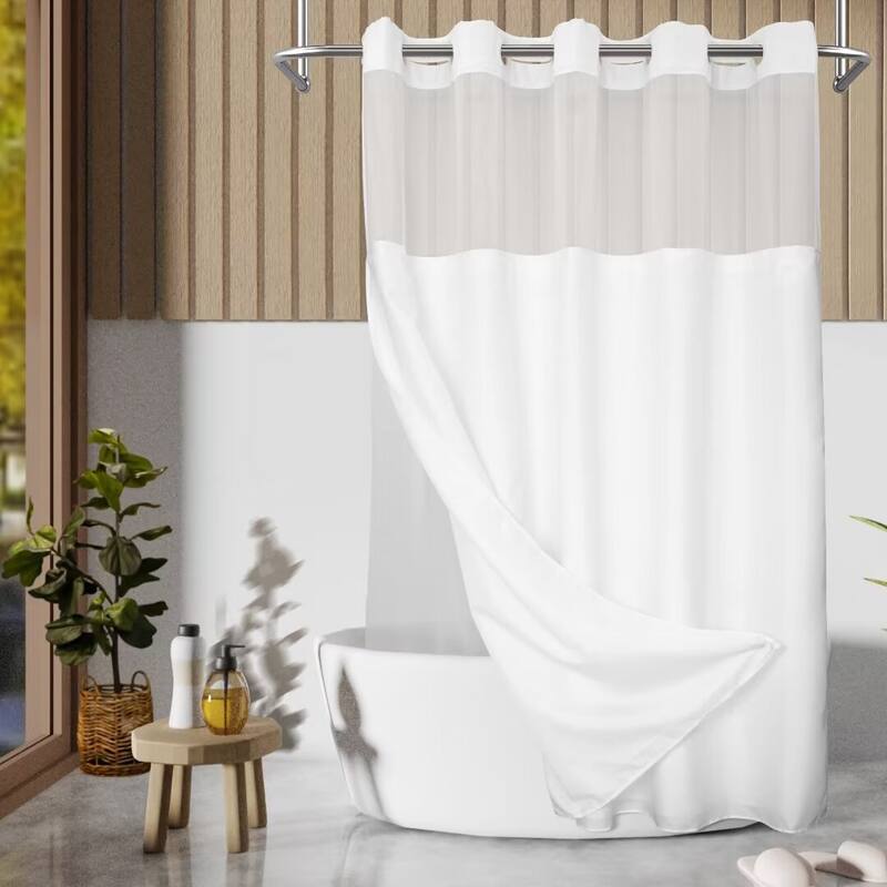 No Hook Slub Linen Texture Shower Curtain with PEVA Snap-in Liner