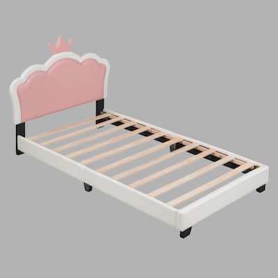 Twin/Full Size Princess Bed with Crown Headboard, Pink Upholstered Platform Bed