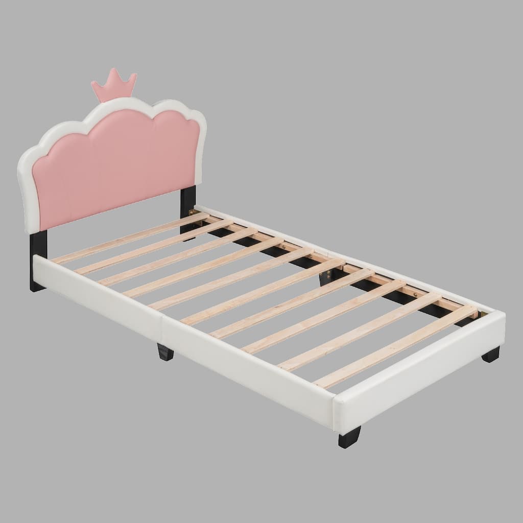 Twin/Full Size Princess Bed with Crown Headboard, Pink Upholstered Platform Bed