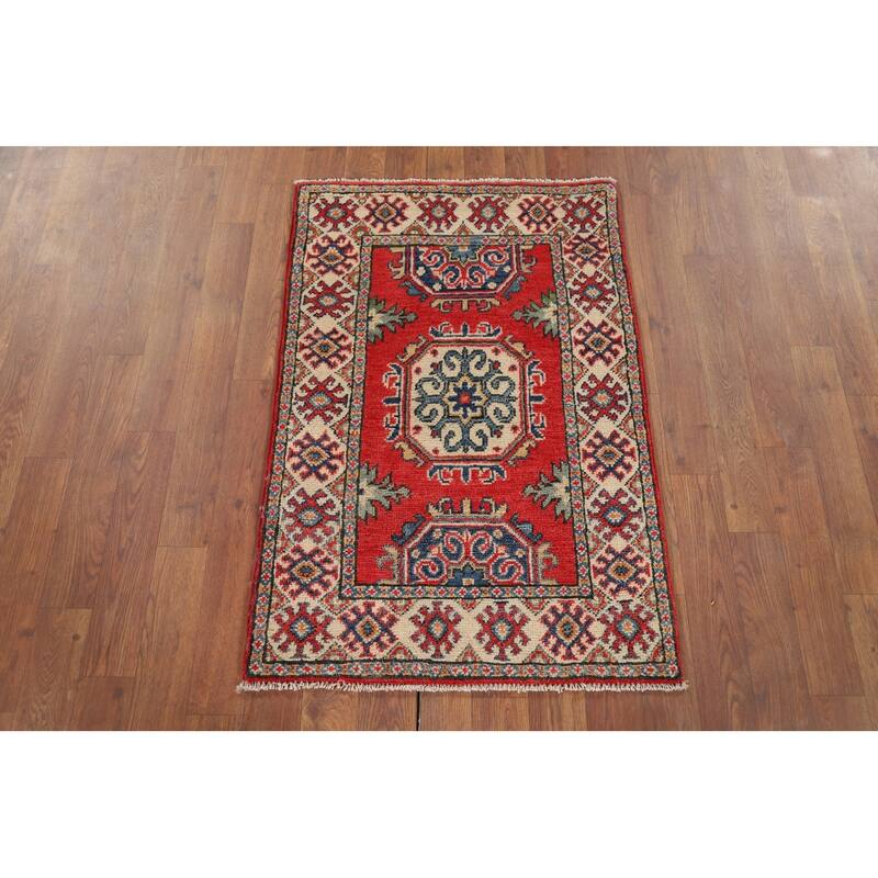 Hand Knotted Oriental 100% Wool Carpet Traditional Geometric Red Kazak Area Rug - 3' 1'' X 2' 1''