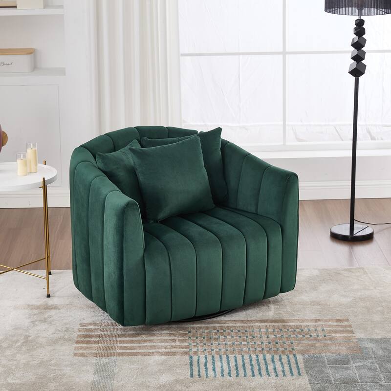 Roomfitters Oversized Swivel Barrel Chair, Velvet Channel Tufted Pumpkin-Shape Club Armchair with 3 Pillows for Living Room