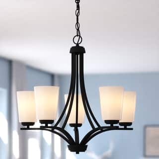 VAXCEL River Grove 5-Light Matte Black Chandelier, Frosted White Glass Shades, Adjustable Height Hanging Ceiling Fixture