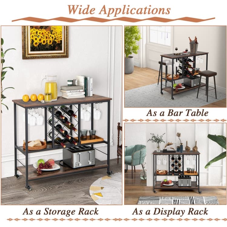 3-Tier Wine Bar Cabinet wit 8 Bottles Rack and 12 Glasses Hanger-Rustic Brown - 39.5" x 16" x 34" (L x W x H)