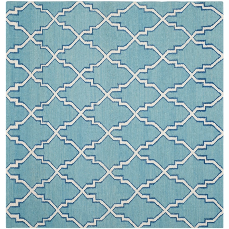 SAFAVIEH Handmade Flatweave Dhurries Gwendolene Modern Moroccan Wool Rug - 8' Square - Light Blue/Ivory