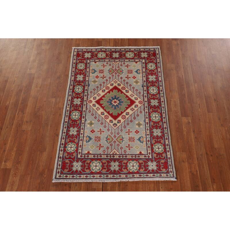 Grey Geometric Kazak Oriental Accent Rug Handmade Wool Carpet - 3'3"x 4'10"