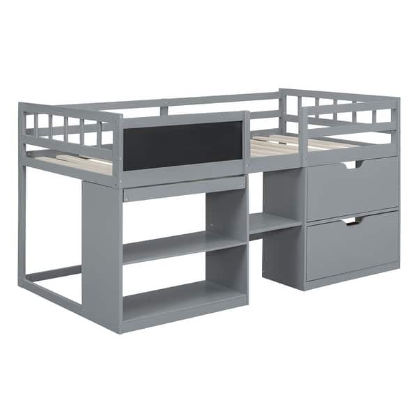 slide 2 of 16, Twin Loft Bed with Rolling Desk, Shelf & Drawers - Solid Wood Gray - Twin