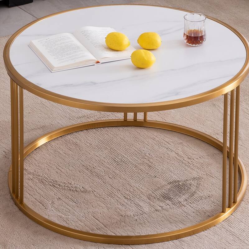 Sintered stone round coffee table with golden stainless steel frame
