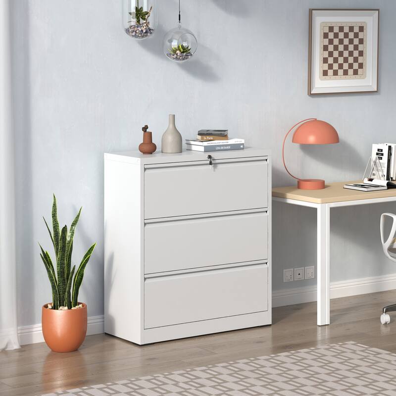 Modern File Cabinet, Lateral File Cabinet Metal File Cabinet with 3 Drawers snd Full Extension Slide, for Home Office, White