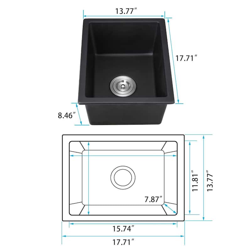 Quartz 14''/18''/33''L Undermount Kitchen Sink With Basket Strainer in Black - 13.7L x 17.7W x 8.5H