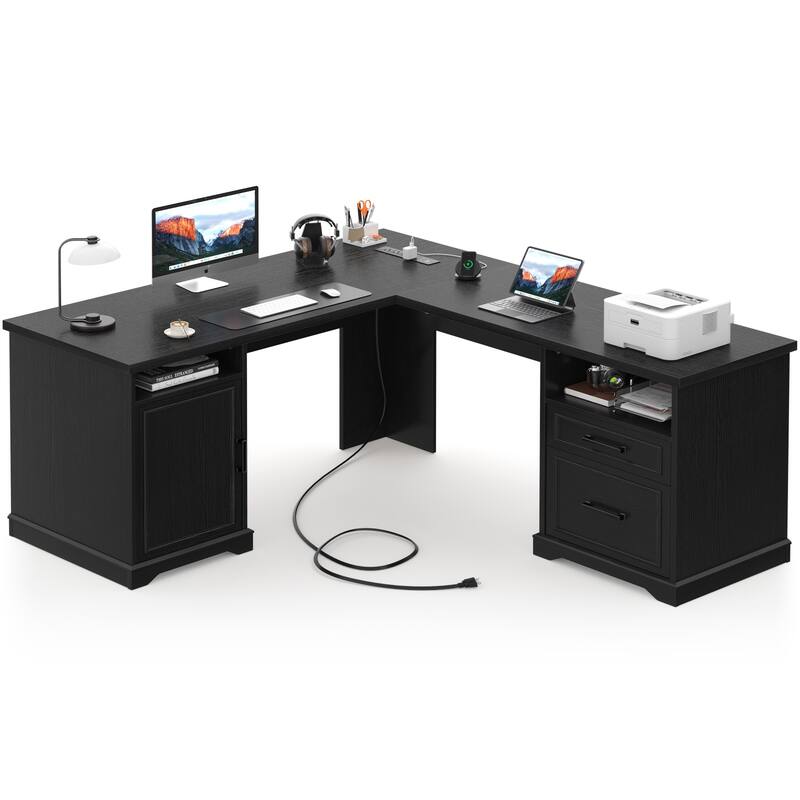 French Country L Shaped Desk with Charging Station, Office Computer Table with File Cabinet