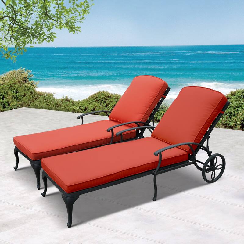 Aluminum Reclining Outdoor Chaise Lounge with Wheels and Cushions (Set Of 2)