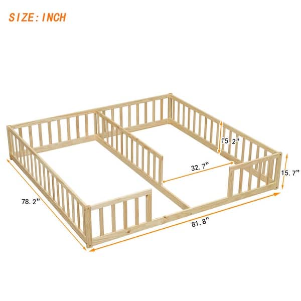 dimension image slide 2 of 3, Twin Size Kids Bed Frame, Double Twin Floor Bed with Fence Guardrails