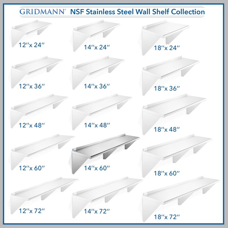60 x 14in NSF Stainless Steel WallMount Shelf - 14" x 60"